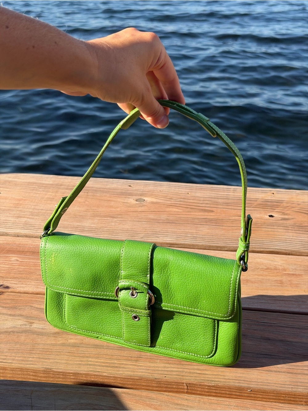 LOFT Bright Green Leather Shoulder Bag with Buckle
